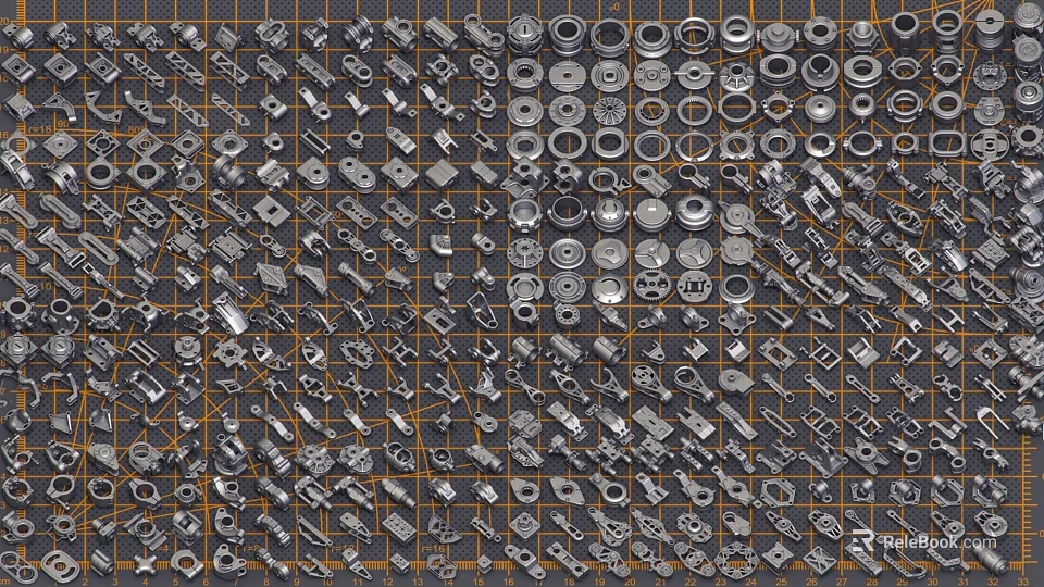 Assorted Metal Mechanical Parts Arranged In Grid With Various Shapes And Sizes 3d model 