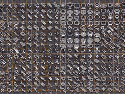 Assorted Metal Mechanical Parts Arranged In Grid With Various Shapes And Sizes 3d model