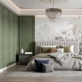 Elegant Bedroom Interior With Green Walls Ornate Chandelier And Mountain Palm Tree Wallpaper