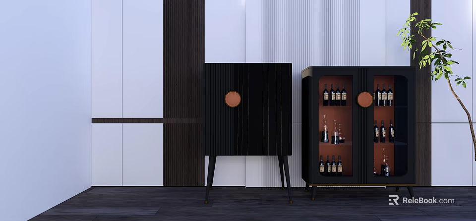 Modern Black Wine Cabinet With Round Panels And Bottles In Minimalist Interior 3d model 