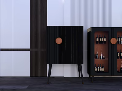 Modern Black Wine Cabinet With Round Panels And Bottles In Minimalist Interior 3d model