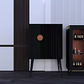 Modern Black Wine Cabinet With Round Panels And Bottles In Minimalist Interior