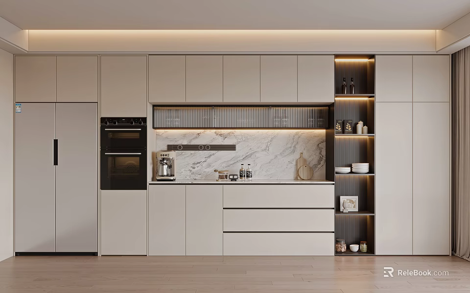 Modern Kitchen Sideboard Design With Marble Countertop And Wooden Storage Cabinets 3d model 