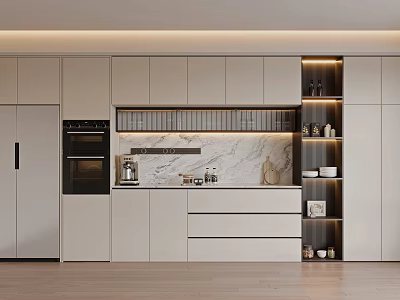 Modern Kitchen Sideboard Design With Marble Countertop And Wooden Storage Cabinets 3d model