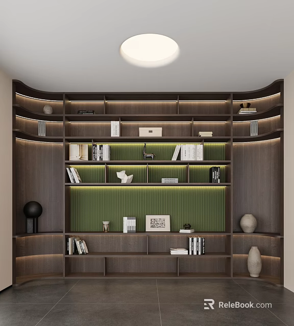 Modern Wooden Bookcase With Layered Shelves Green Back Panel Books And Decorative Items 3d model 