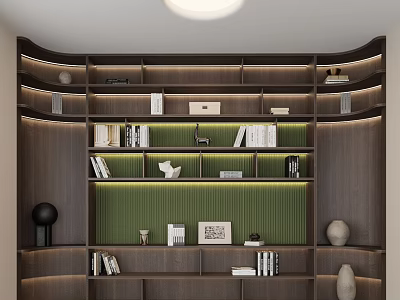 Modern Wooden Bookcase With Layered Shelves Green Back Panel Books And Decorative Items 3d model