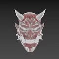 Red Decorative Demon Mask with White Horns Green Eyes and Sharp Teeth