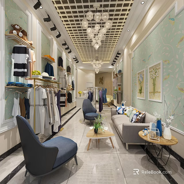 Clothing Store Interior With Display Racks Clothes Seating Area Light Green Walls And Chandeliers 3d model 