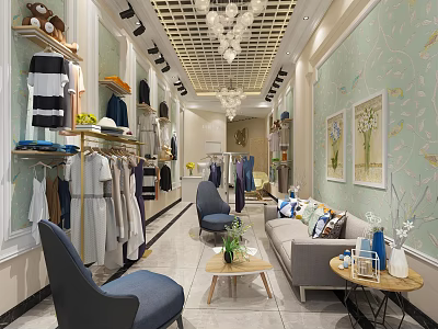Clothing Store Interior With Display Racks Clothes Seating Area Light Green Walls And Chandeliers 3d model