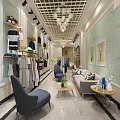 Clothing Store Interior With Display Racks Clothes Seating Area Light Green Walls And Chandeliers