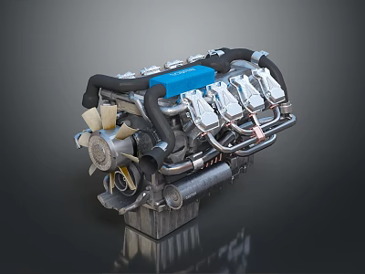 High Performance Car Engine With Blue Component Black Pipes And Silver Metal Parts 3d model