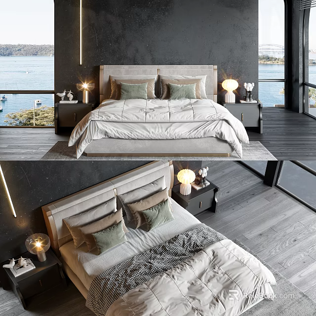 Modern Double Bed Bedroom With Cozy Bedding Pillows Nightstands And Window View 3d model 