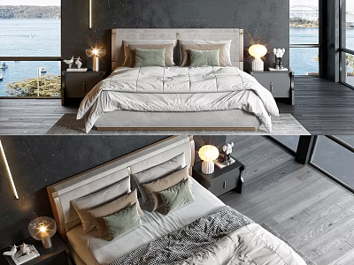 Modern Double Bed Bedroom With Cozy Bedding Pillows Nightstands And Window View 3d model