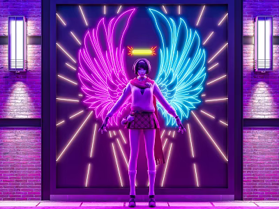 Neon Wing Shaped Decorative Lights with Pink and Blue Glow on Brick Wall Background 3d model
