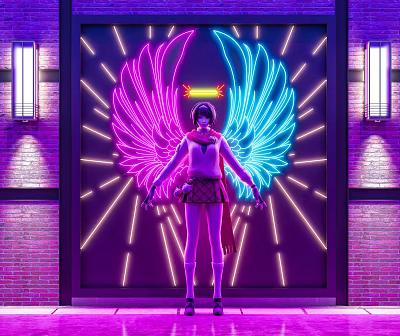 Neon Wing Shaped Decorative Lights with Pink and Blue Glow on Brick Wall Background 3d model