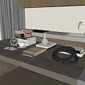 Wooden Table With Clock Cup Books Vase And Black Coil Near Gray Curtains And Sink