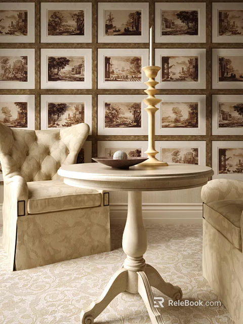 Beige Casual Sofa Set Armchairs with Round Marble Table Bowl Spiral Lamp Vintage Wallpaper Paintings 3d model 