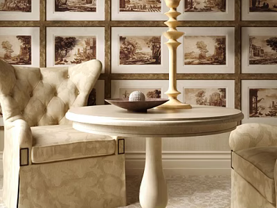Beige Casual Sofa Set Armchairs with Round Marble Table Bowl Spiral Lamp Vintage Wallpaper Paintings 3d model