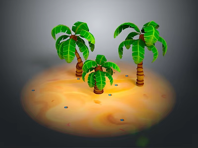 Modern Sandy Landscape With Three Green Palm Trees And Scattered Blue Dots 3d model
