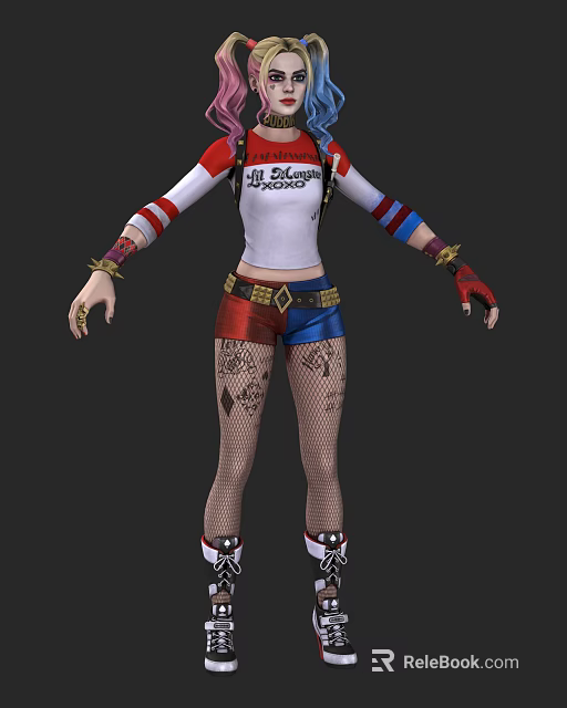 Harley Quinn Character Design With Tattooed Legs And Colorful Outfit 3d model 