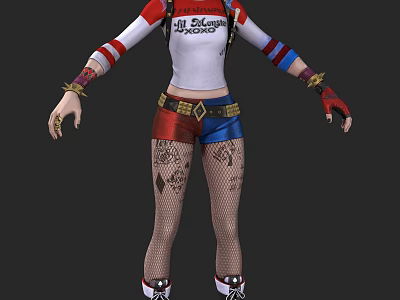Harley Quinn Character Design With Tattooed Legs And Colorful Outfit 3d model