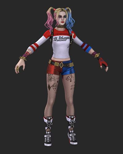 Harley Quinn Character Design With Tattooed Legs And Colorful Outfit 3d model