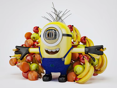 Minion Character Surrounded by Fresh Fruits With Open Arms and Happy Expression 3d model