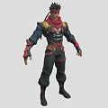 Man With Spiked Hair And Red Scarf In Blue Black Combat Outfit With Armor Details