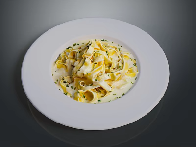Creamy Fettuccine Pasta Topped With Fresh Herbs Served On White Plate For Flavorful Meal 3d model