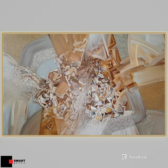 Golden Frame With Abstract Artwork Featuring Broken Wood And Geometric Shapes 3d model 