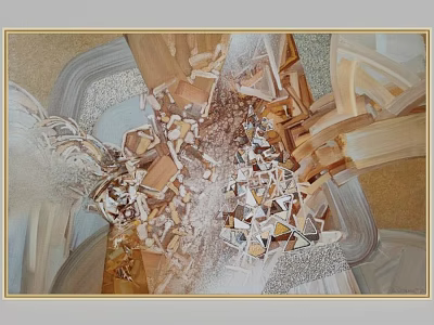Golden Frame With Abstract Artwork Featuring Broken Wood And Geometric Shapes 3d model