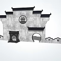 Traditional Chinese Scenic Wall With Black Eaves Gray Surface And Circular Decoration