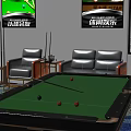 Billiard Room Interior With Orange Gray Sofas Blue Patterned Carpet And Tables 3d model