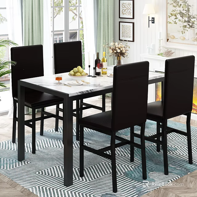 Restaurant Dining Area With Black Chairs Marble Table Fruits Wine Glasses Flowers And Green Curtains 3d model 