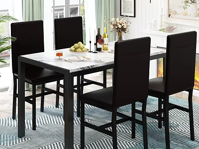 Restaurant Dining Area With Black Chairs Marble Table Fruits Wine Glasses Flowers And Green Curtains 3d model