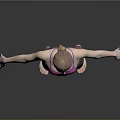 Woman in pink sports bra and grey leggings standing with arms outstretched against grey background