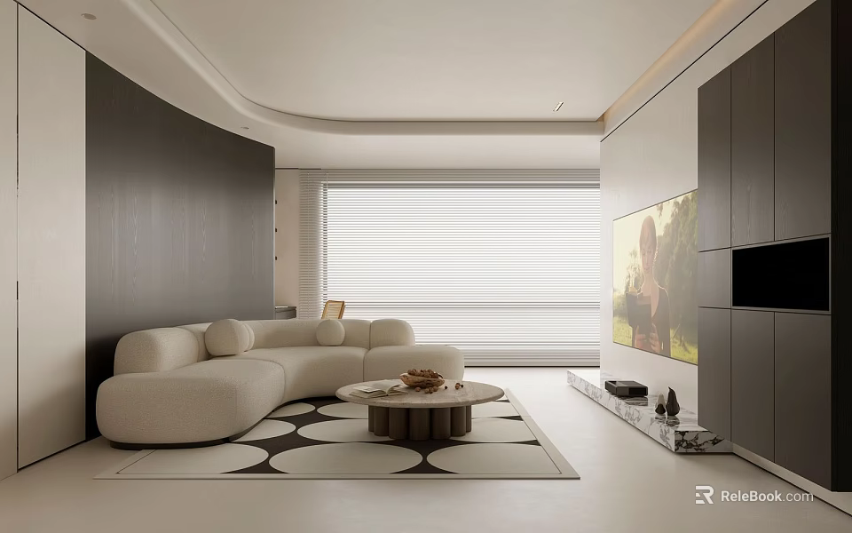 Modern Living Dining Room Interior With Beige Sofa Round Coffee Table And Patterned Rug 3d model 