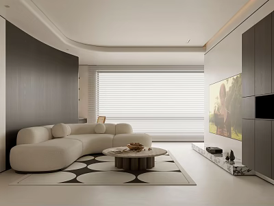 Modern Living Dining Room Interior With Beige Sofa Round Coffee Table And Patterned Rug 3d model