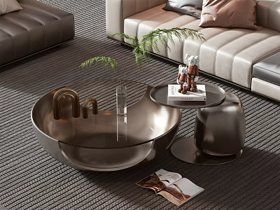 Modern Unique Design Metallic Coffee Table With Green Plant Books And Decorations 3d model