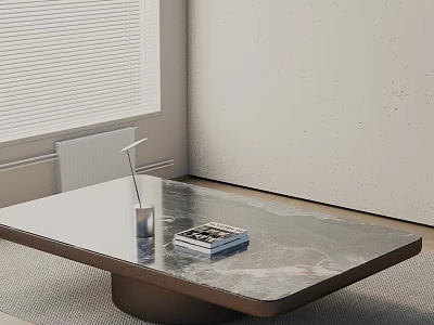 Modern Sofa Coffee Table Set With Square Marble Top Brown Base And White Wall Blinds 3d model