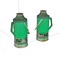 Two Green Striped Thermos Flasks With Metal Handles And Stable Base For Daily Household Use