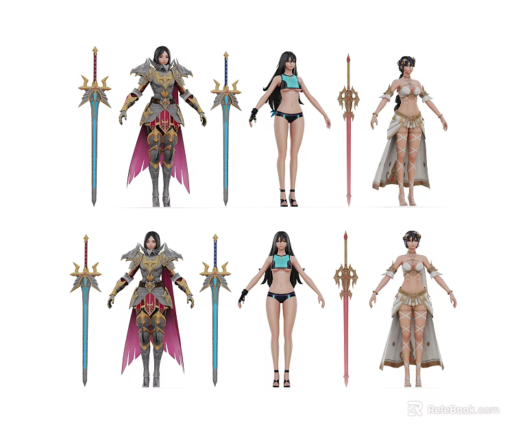 Game Movie Characters Featuring Various Armor Outfits And Weapon Designs 3d model 