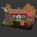 Red House With Red Roof White Windows Green Trees Windmill Tractor And Pumpkins