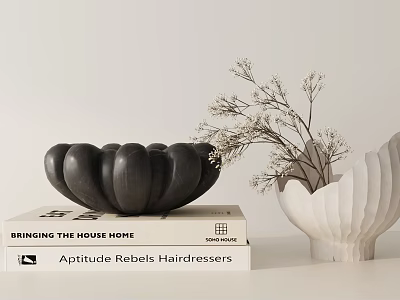 Black Pumpkin Shaped Decorative Ornament With White Shell Vase And Dried Flowers For Home Decor 3d model