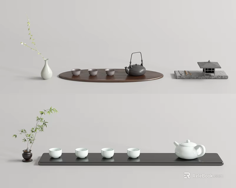 Minimalist Tea Set With Ceramic Teapot Cups Tray And Small Green Plant 3d model 