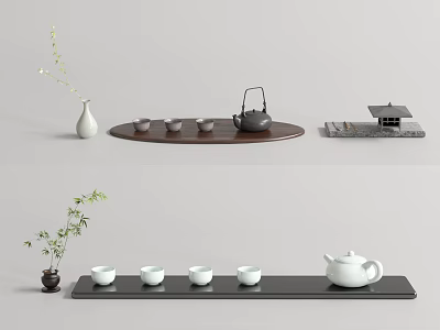Minimalist Tea Set With Ceramic Teapot Cups Tray And Small Green Plant 3d model