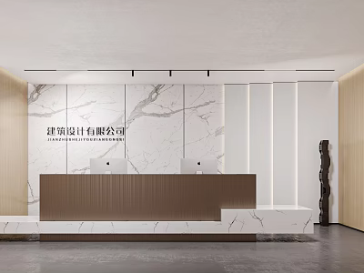 Modern Front Desk Reception Interior Design with Marble Wall Company Logo Computers and Decorative Sculpture 3d model