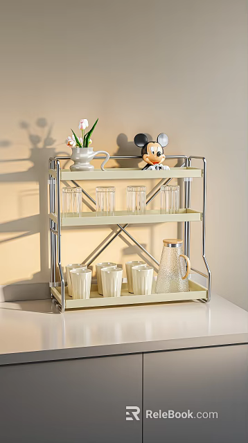 Decorative Ornament Set 3 Tier Metal Shelf with Vase Mickey Mouse Figurine Glass Cups Mugs 3d model 