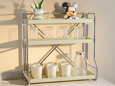 Decorative Ornament Set 3 Tier Metal Shelf with Vase Mickey Mouse Figurine Glass Cups Mugs 3d model