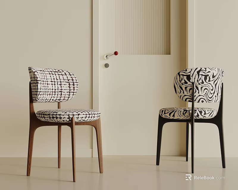 Modern Single Chair With Patterned Fabric Upholstery Brown And Black Wooden Legs 3d model 
